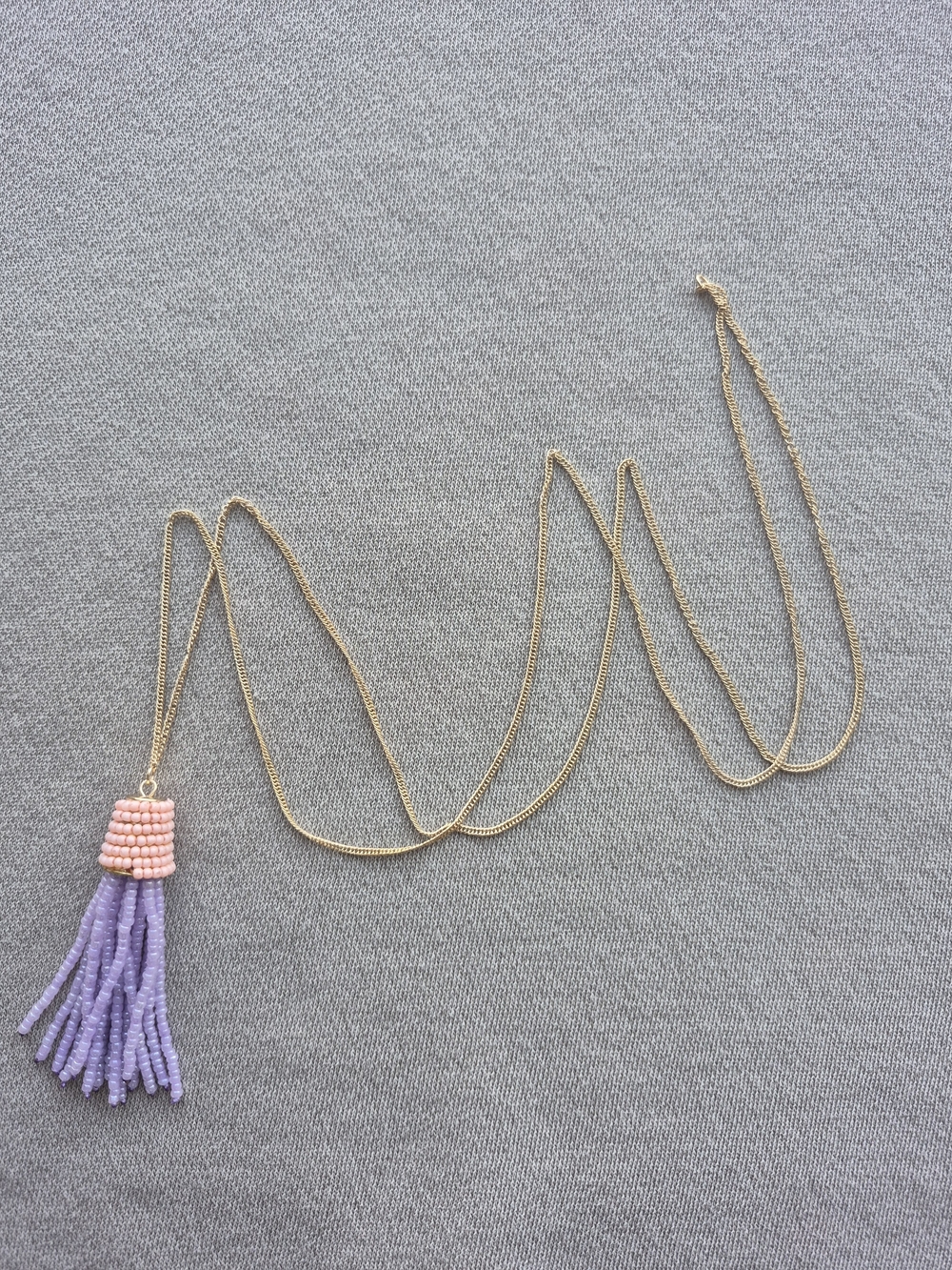 Gold Chain Necklace with Pink and Lavender Beaded Tassel